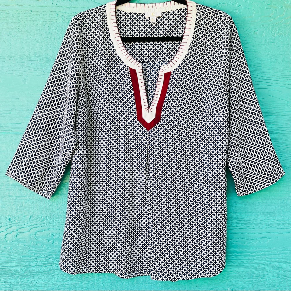 Blue WhiteTunic Blouse Red Trim Whipstitch V-Neck Flowy Top SIZE LARGE